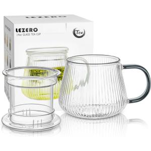 Lezero Tea Infuser Cup with Filter and Lids, Borosilicate Glass Mugs with Strainer for Blooming & Loose Leaf, Lead-free, Microwave & Dishwasher Safe, 14oz