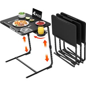 TV Trays Set of 4 - Folding TV Tray Adjustable Dinner Trays for Eating On Couch Wooden Tables Mate Stand Foldable Black Desk with Cup Holder Portable