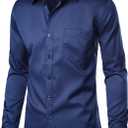 ZEROYAA Men's Urban Stylish Casual Business Slim Fit Long Sleeve Button Up Dress Shirt with Pocket (Blue, L)