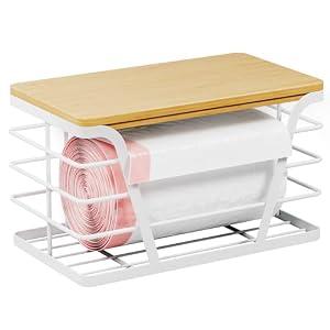 TIDIIABODE Trash Bag Dispenser with Bamboo Top for Laundry Room Organization, Stackable Storage Organizer Trash Bag Holder under Sink, White