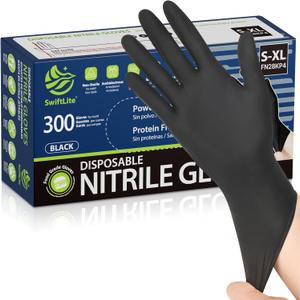 SWIFTLITE Black Nitrile Gloves, Food Safe Disposable Gloves Latex Free, Rubber Gloves Powder Free for Cooking, Kitchen Clean (06-black(medium 300))