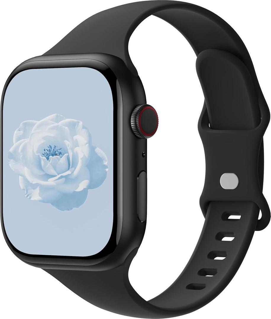 Thin Silicone Band Compatible with Apple Watch 41mm 38mm 40mm 46mm 45mm 42mm 44mm, Slim Narrow Replacement Sport Strap Wristband for iWatch Series 11 10 9 8 7 6 5 4 SE Ultra 3 2 1 Women Men (Black)