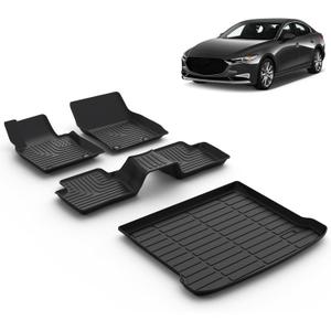 All Weather Car Floor Mats & Cargo Liner Set Fit for Mazda 3 FWD 2019-2024 2025 (Only Fits Hatchback Models) Floor Liners Trunk Liner Mazda 3 Cargo Mat Accessories Black