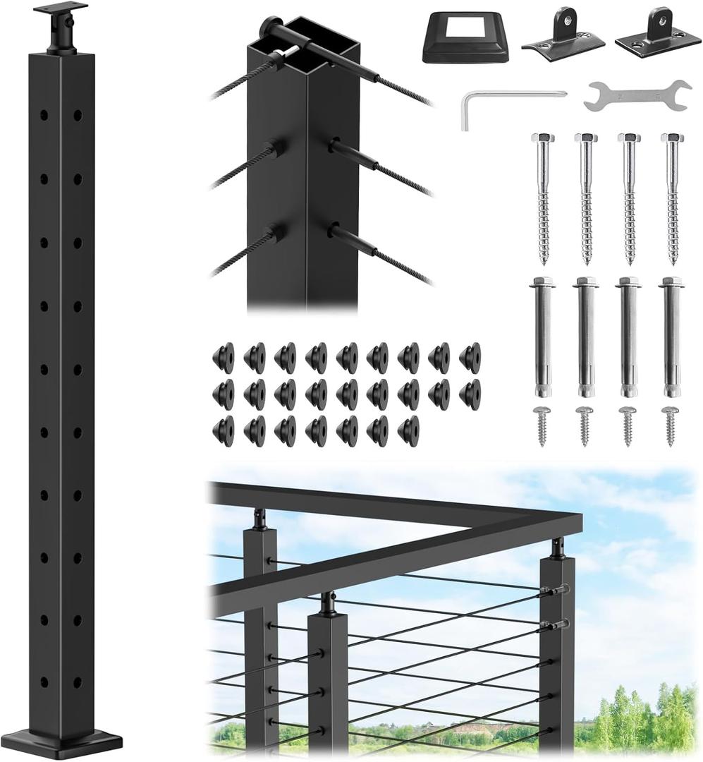 CKE T-Drilled Corner Post Cable Railing, Three Sides Adjustable Top 36" T-Drilled Cable Railing Corner Post (Post 35"x2"x2"), Black Finish Stainless Steel Corner Post with Cable Grommets, CP01