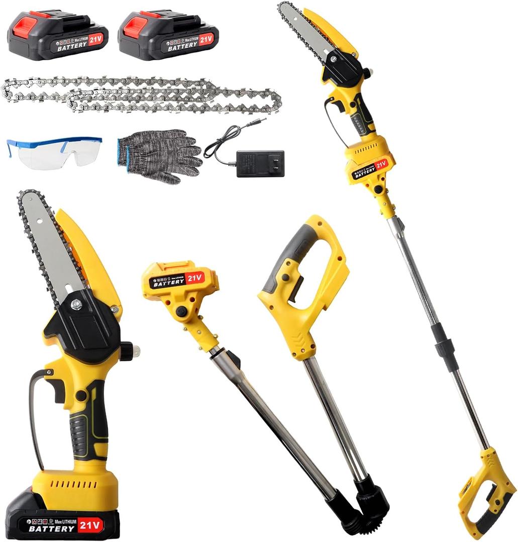Cordless Pole Saw Electric Tree Trimmer, 2-in-1 Polesaw & Mini Chainsaw with Extension, Includes 2x21V Batteries & Complete Kit for Pruning & Limbing