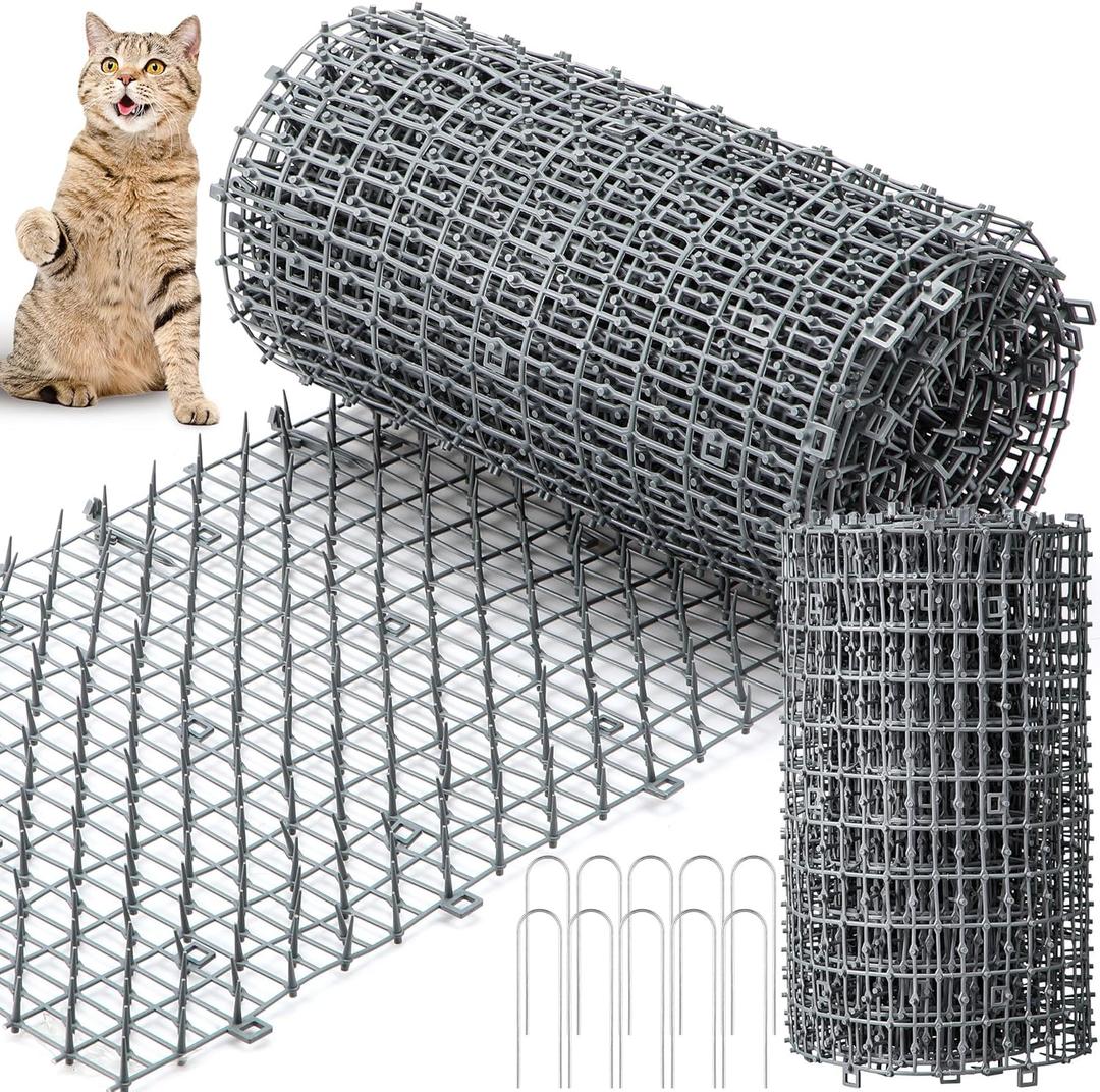 Sanwuta 2 Pcs 26.3 ft Cat Spike Mat Outdoor Cat Deterrent Mat with Spikes Prickle Strips Indoor Dog Digging Deterrent Anti Network Spikes with 10 Staples for Garden Fence(Gray)