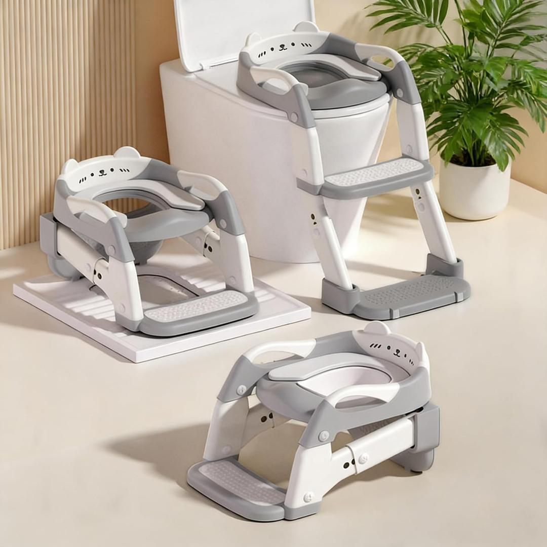 Potty Training Seat with Step Stool Ladder, 3-in-1 Toddler Potty Training Toilet Seat for Boys Girls, Height Adjustable Foldable Toddler Potty with Splash Guard, Non Slip Pad and Safety Handles(Grey)