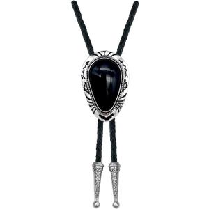 Stone Bolo Tie Native Western Cowboy Handmade Hand-woven Leather Bola Tie Necktie For Men Women (Black)