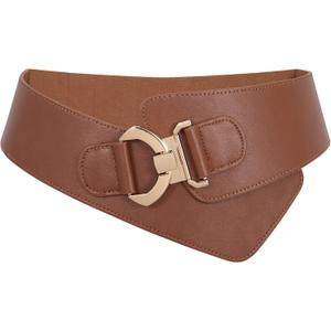 JASGOOD Women's Fashion Vintage Wide Elastic Stretch Waist Belt with Gold Interlock Buckle Belt (Brown, L)