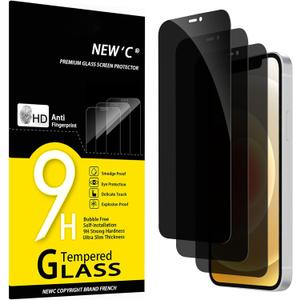 NEW'C 3 Pack Privacy for iPhone 12,iPhone 12 Pro Screen Protector (6.1"), Enhanced 28-Degree Privacy Angle, Ultra Durable 9H Hardness, Bubble-Free