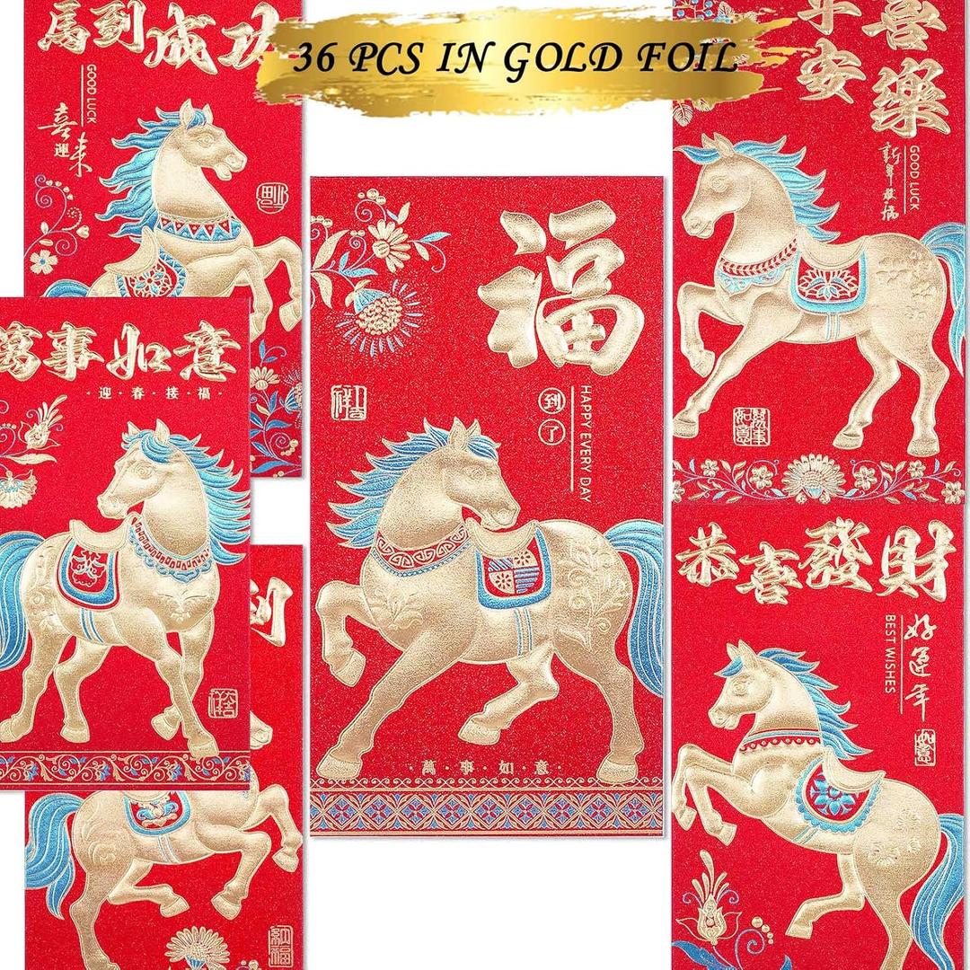 3 x Luxury Red Envelopes Chinese New Year Horse Envelope 2026 Lunar New Year Red Packet Spring Festival, Birthday Wedding Glitter Paper Strong Horse 36 Pcs