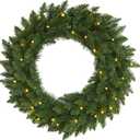 Nearly Natural 24in Artificial Pine Christmas Wreath, Faux Greenery with Clear LED Lights for Indoor Decor