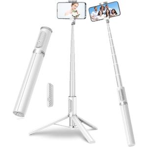 TONEOF 67" Travel Tripod,Selfie Stick,All-in-1 Phone Stand with Integrated Wireless Remote,Lightweight and Portable,Extendable for iPhone and Android(White) (67(None magnetic))