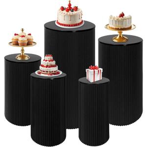 Fivenl 5 Pcs Metal Pleated Cylinder Pedestal Stands for Party, Heavy Duty Black Round Cake Pedestal Stand Flower Plant Display Plinth Pillars for Wedding Birthday Event Decor (Black)