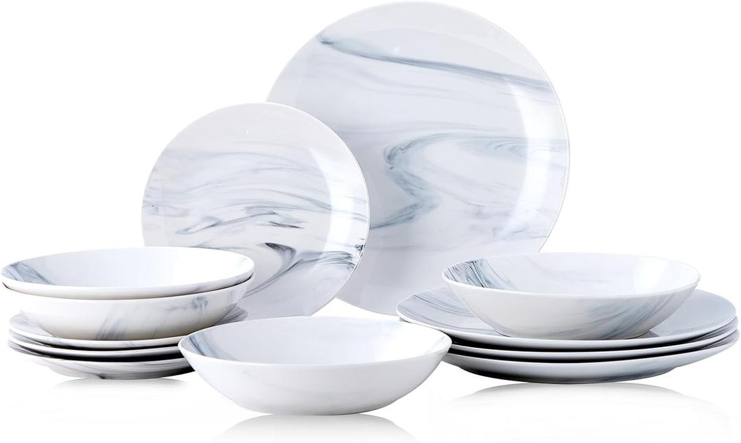 Bestone 12 Pieces Round Kitchen Dinnerware Sets,Plates and Bowls sets,Dishes, Plates, Bowls, Dish SetPlates and Bowls,Service for 4, Blue and White Marble