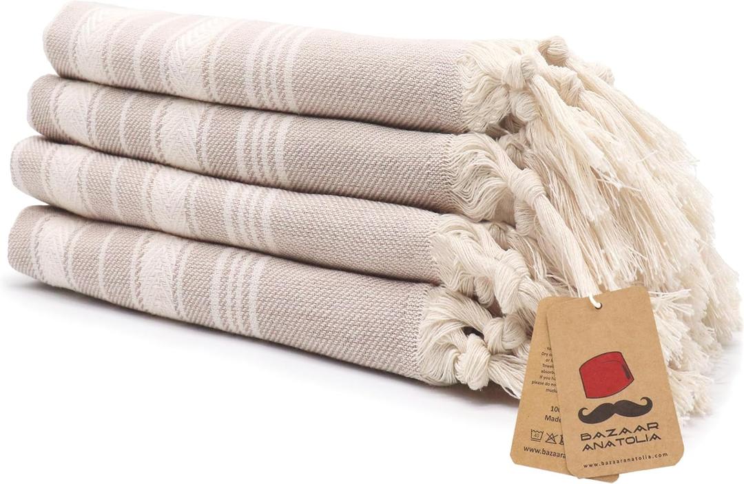 Bazaar Anatolia Hand Towels - Set of 4 | 39" x 19" - Decorative Turkish Hand Towel for Bathroom, 100% Cotton, Kitchen, Face, Hair, Tea, Dishcloth, Guest Towels Cream - Stripe Beige