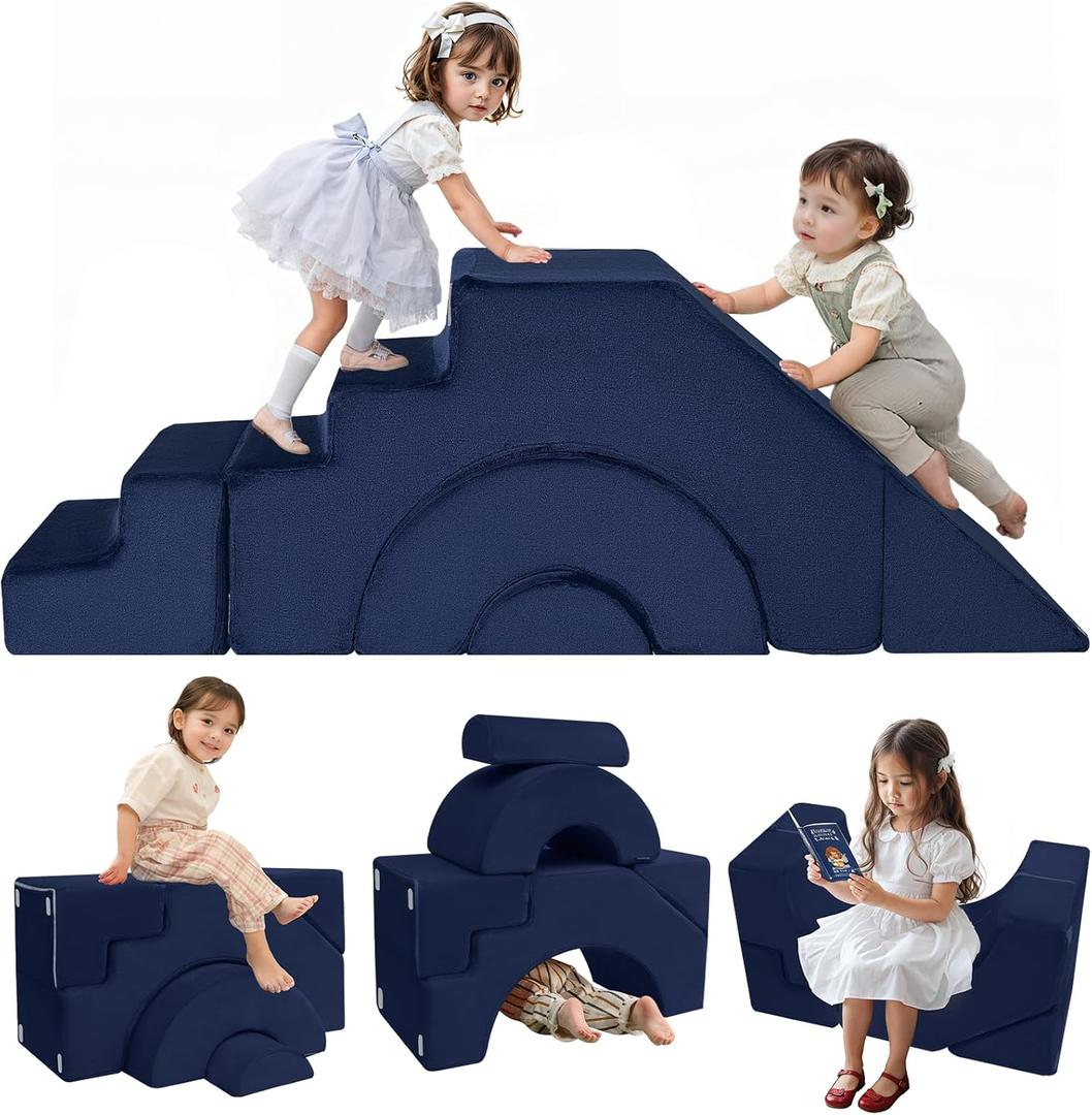 MeMoreCool Modular Kids Sofa, Foam Couch Sofa with Slide & Stair Design, Convertible Kids Couch for Playroom, Sectional Child Furniture for Bedroom Living Room, Navy (Deep Navy (Solid))