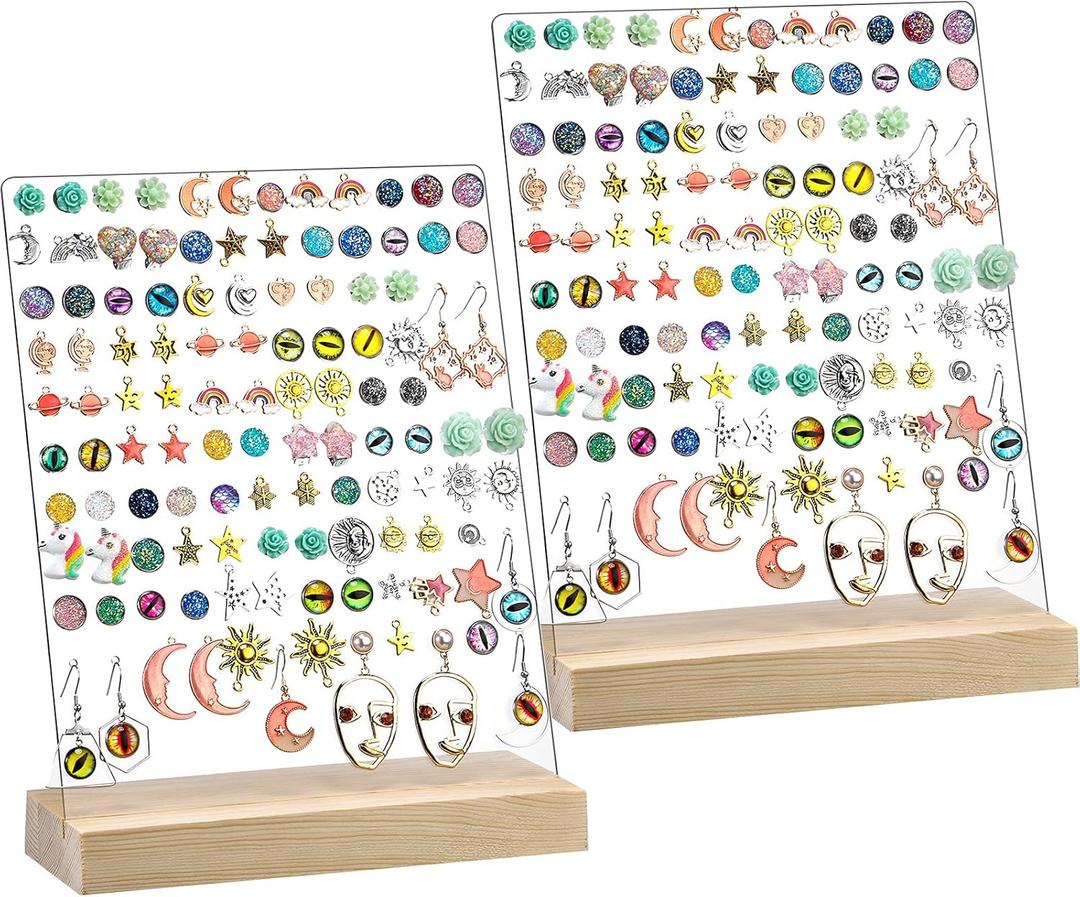 Blulu 2 Pieces 120 Holes Acrylic Earrings Holders For Girls Clear Earrings Organizer Display Pegboards with Wood Bases Ear Studs Display Stand Earring Stand Jewelry Showcase Racks (Classic Style)