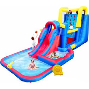 Inflatable Water Slide Park with Large Climbing Wall, 267 x 138 x 118 Inch Bounce House with Air Blower, Dual Target, Deep Pool and Basketball Rock