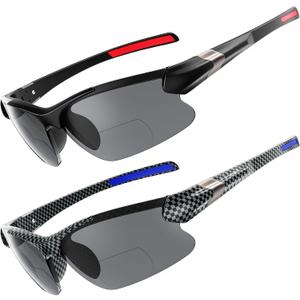 DEHOTRE 2 Pack Bifocal Reading Sunglasses Men TR90 Frame Wrap Around Sports Semi Rimless Sun Readers for Driving Golf Fishing