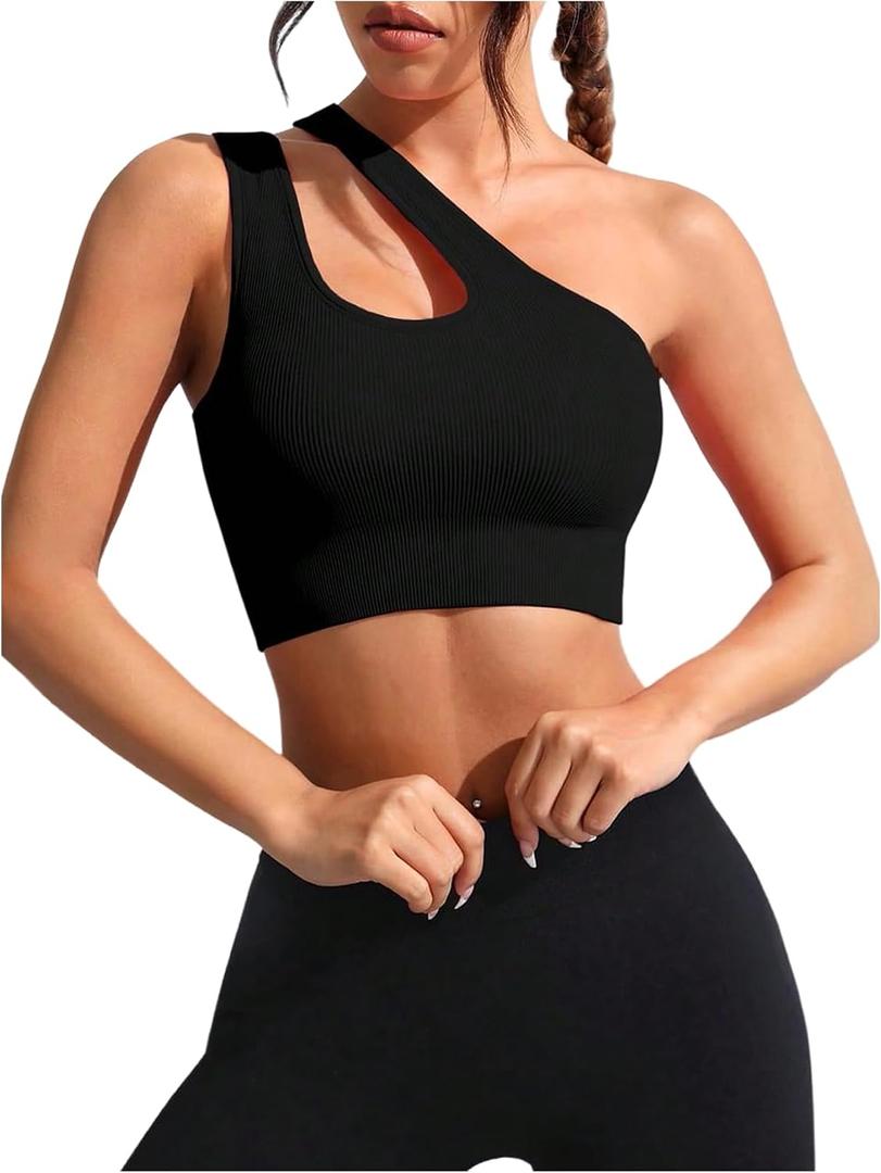 SweatyRocks Women's Sports Bras Cut Out One Shoulder Workout Yoga Bra Athletic Running Gym Crop Tops, L