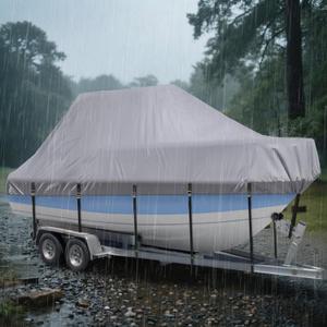 Marine Grade Waterproof Center Console Boat Cover with T Top Roof, Tear Resistant Trailerable Storage Covers, All-Weather Protection T-Top Boat Cover 24-26 ft, Beam Width Up to 112", Gray