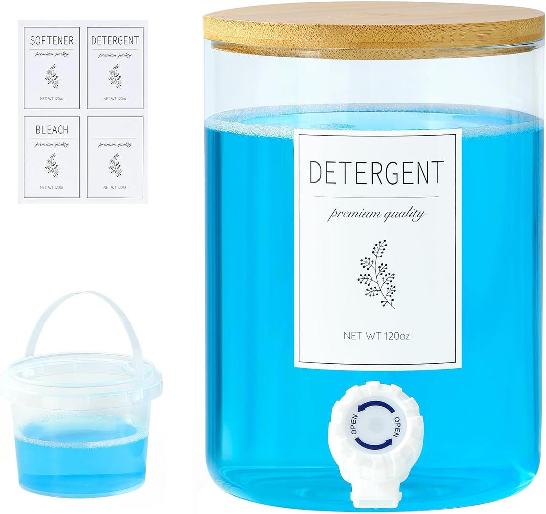 1 Glass Laundry Detergent Dispenser with Bamboo Lid - 120 Oz Liquid Detergent, Laundry Soap & Fabric Softener Dispenser for Laundry Room Organization and Storage with 1 Cups & 4 Labels