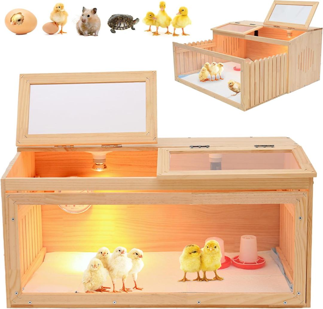Large Chicken Brooder Box for Chick,Wooden Brooder Box 32" with Bulb Set and Thermometer - Accommodates Up to 25 Chicks-Ideal for Ducks,Quails,Hamsters,and Lizards32x16x16 Inches