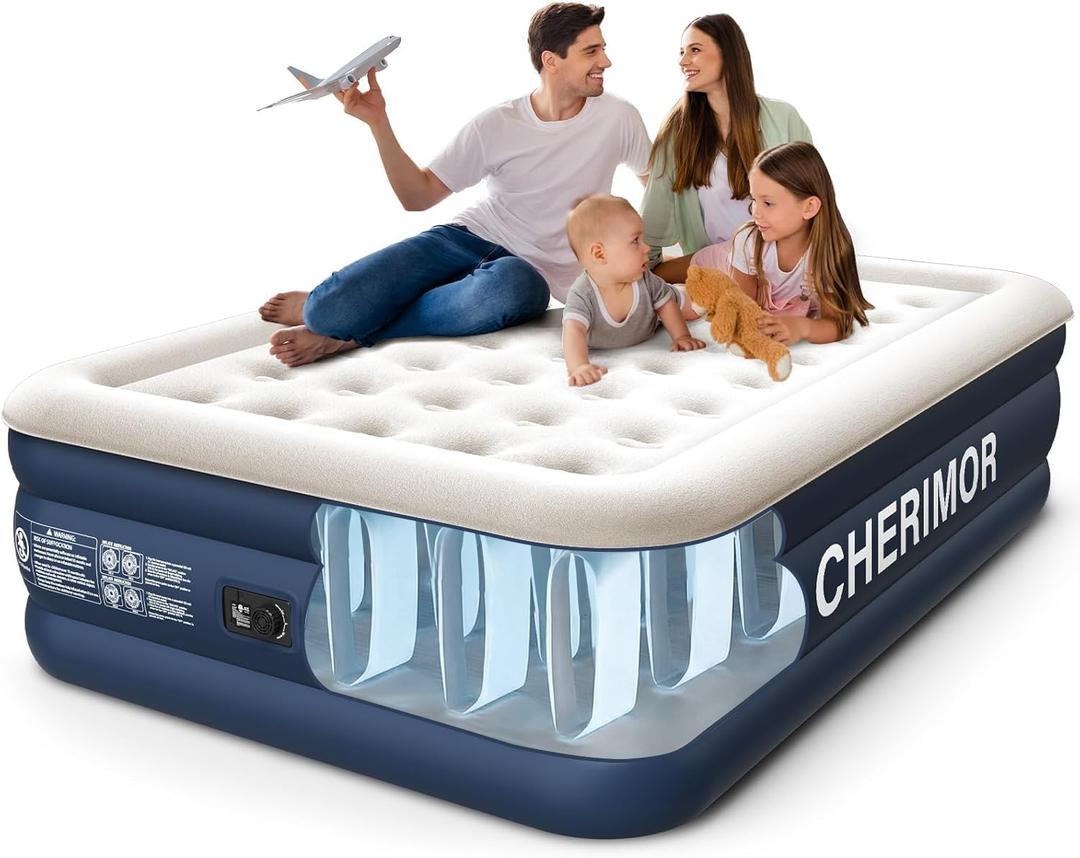 CHERIMOR Queen Air Mattress with Built in Pump, 18" Elevated Height, 48Hr Leak-Tested, Honeycomb Coil Support, 800 lbs Capacity, Fast 3-Min Inflation Blow Up Mattress for Guest Room & Sleepover
