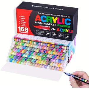 Acrylic Paint Pens, Soft Brush Tip Acrylic Paint Markers, 168 Colors Acrylic Markers for Canvas, Rock Painting, Wood, Stone, Glass, Ceramic, Fabric Painting, DIY Crafts