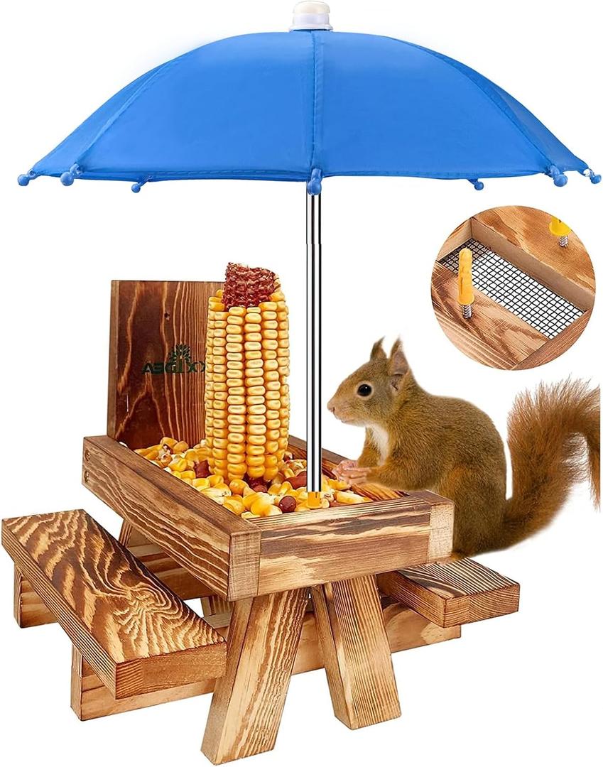 MIXXIDEA Squirrel Feeder Picnic Table with Tall Umbrella, Wooden Squirrel Feeders for Outside, Cute Chipmunk Feeder with Corn Cob Holder, Solid Structure, Thick Wood (Rustic Brown Red Umbrella)