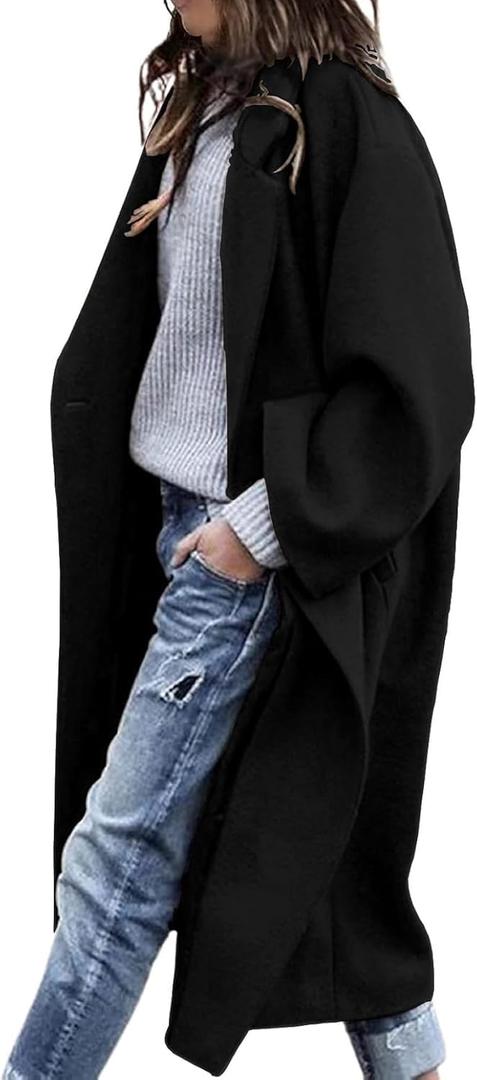 Women's Winter Wool Coat Notch Lapel Single Breasted Casual Mid Long Pea Trench Coat (Medium, Black)