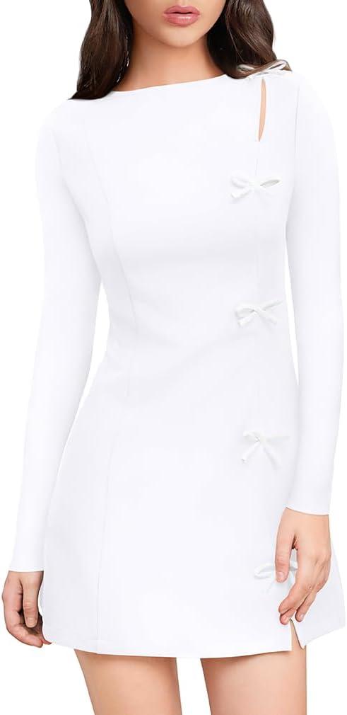 XXTAXN Women's Fall Long Sleeves Boat Neck Elegant Bow Y2k A Line Mini Dress (White, Medium)