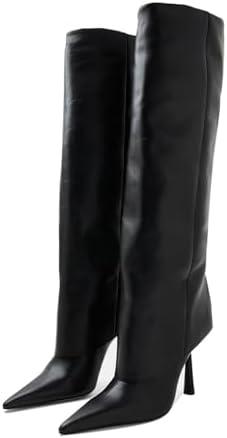 Goolita Fold Over Boots For Women, Pointed Toe Stiletto Heel Knee High Boots Fashion Comfortable Slip On Tall Boots size 42