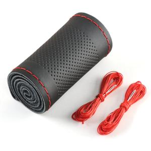 Pack-1 Leather Steering Wheel Cover, Universal Non-Slip Stitch On Wrap, DIY Car Wheel Cover Protector with Needle and Thread for Most Cars SUVs and Trucks (Black #3)