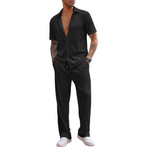 COOFANDY Men's 2 Piece Outfit Casual Short Sleeve Button Down Shirt Beach Summer Loose Pant Sets (Large, Black)