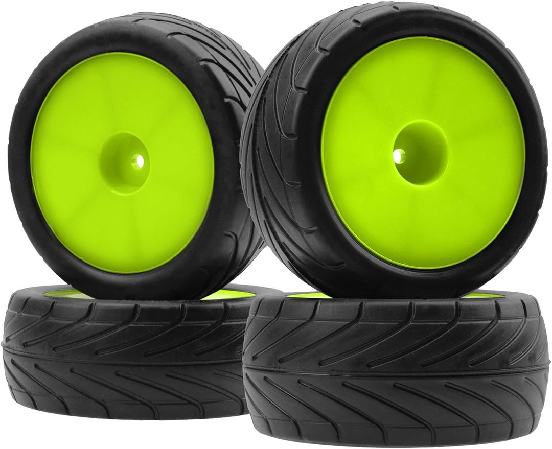 4Pack ShareGoo RC 85mm/3.34" Rubber Tires Front Rear Tyres 12mm Hex Wheel Compatible with Redcat HPI HSP Kyosho 1/10 RC Off-Road Car Buggy (Green)