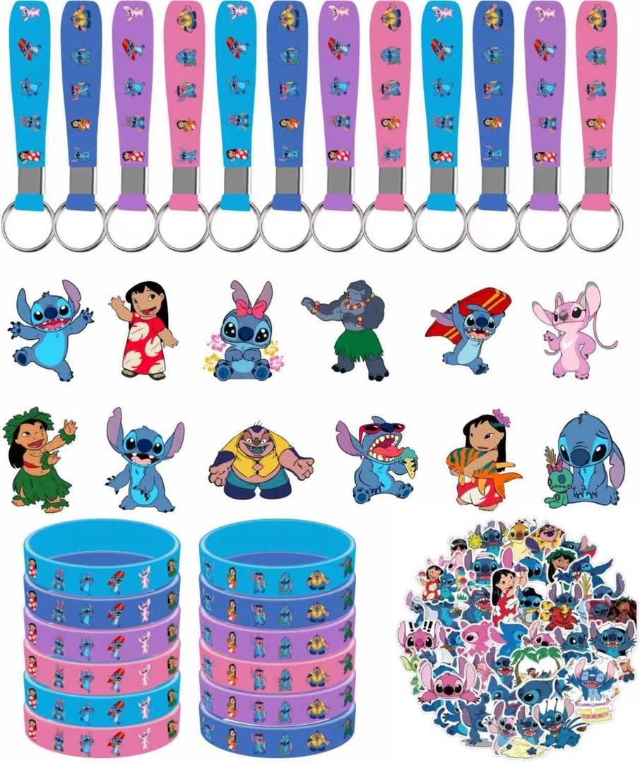 86pcs Stitch Birthday Party decorations Set Included 12 Bracelets, 12 Acrylic Pins, 12 Keychains, 50 Stickers, for Boys and Girls Cartoon Theme Party