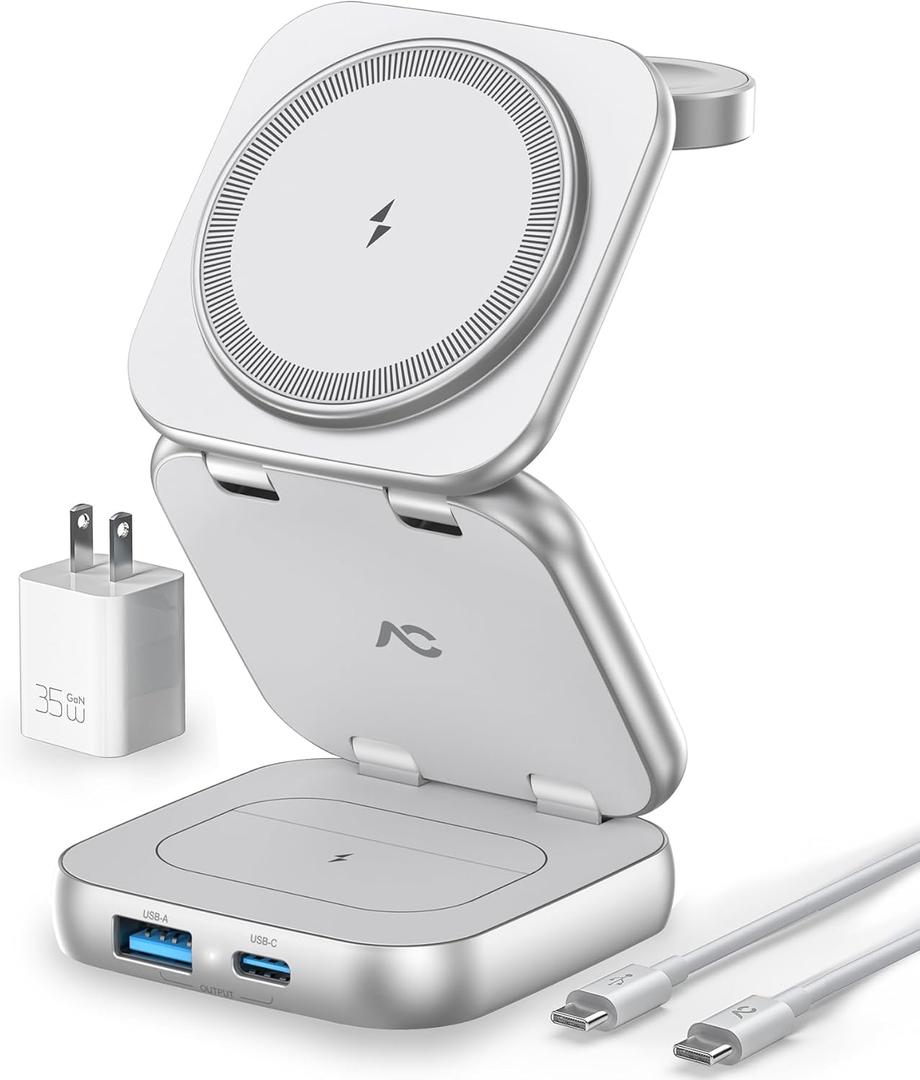 Wireless Charger for Magsafe, AC Island 5-in-1 Evolved Charging Stand, 15W Max Fast Portable Magnetic Station, Foldable for iPhone 15/14/13 Series, Apple Watch S1-9/Ultra, AirPods (with 35W Adapter)