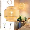 Plug in Pendant Light Hanging Lights with Plug in Cord Hanging Lamp Rattan Boho Dimmable,Wicker Bamboo Woven Lamp Shade, Plug in Ceiling Light Fixture for Farmhouse Living Room Bedroom Kitchen