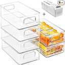 Stackable Refrigerator Organizer Bins, 6 Pack Clear Kitchen Organizer Container Bins with Handles and 20 PCS Plastic Bags for Pantry, Cabinets, Shelves, Drawer, Freezer  Food Safe, BPA Free 10"L