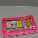 Preppy Patch STUFF Makeup Bag Chenille Letter Cosmetic Bag for Women, Transparent PVC Zipper Patch Bags Organizer Waterproof Portable Travel Makeup Bag for Women Girls Teens (Pink)
