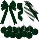 26 PCS Christmas Velvet Ornaments Decor Kit - Tree Toppers Bow, Ribbon, 12 Flocked Christmas Balls & 12 Vintage Bows for Green Holiday Xmas Tree Decorations (Green)