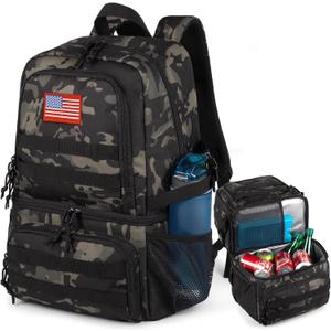 Tactical Double Deck Cooler Backpack for Men, Large Lunch Backpack with 2 Compartment, Soft Cooler Bag, Camo Black, Large