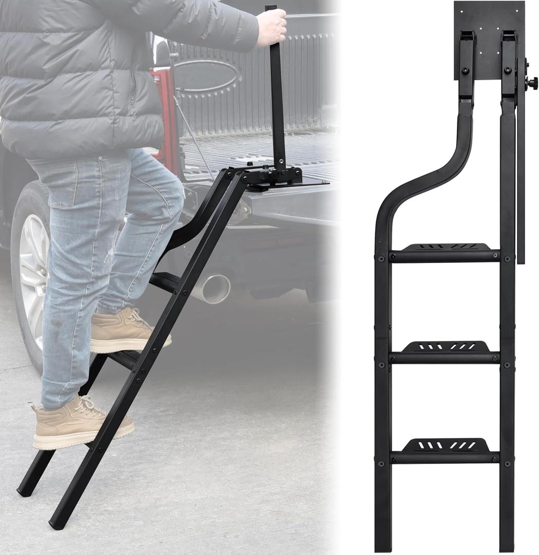 42" Universal Pickup Truck Tailgate Ladder with Handrail, Foldable Heavy Durty Metal Wide Pedals Tailgate Ladder Step Pickup Truck Accessories, Capacity 600 lbs, for F150/Ram 1500...