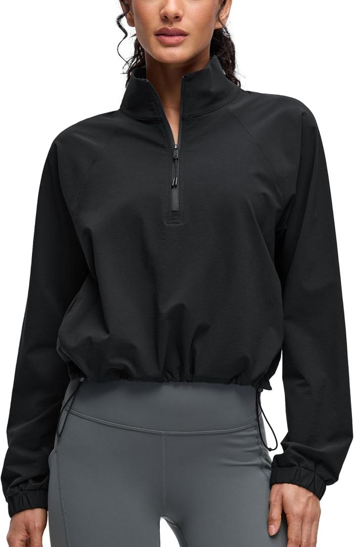 CRZ YOGA Drawstring Bottom Workout Jackets for Women - Half Zip Pullover Cropped Workout Outdoor Tops with Pockets (XX-Small, Black)