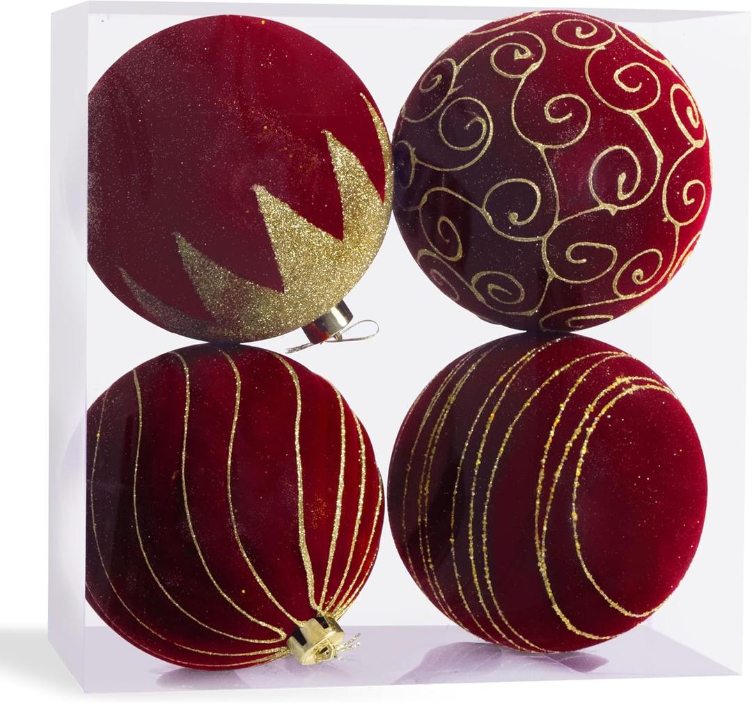 Large Velvet Christmas Ornaments, 5.9" Burgundy Velvet Christmas Ornaments Balls 4 pcs Decorative Baubles for Christmas Tree, Big Red Xmas Balls for Holiday Yard Home Party Xmas Decoration