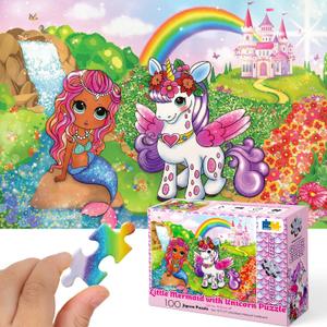 Marlo&Buzz 100-Piece Glitter Jigsaw: Unicorn and Mermaid Princess Puzzles Designed for Kids Ages 4-8. Large Pieces for Little Hands, Easy Daily Fun, Ideal 5-10 Year Old Girls' Gift