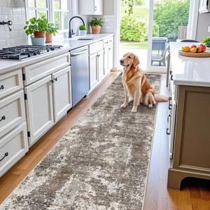 3x20 ft Extra Long Hallway Runner Rug - Non-Slip Washable Floor Runner with Rubber Backing, Modern Low Pile Thin Wide Carpet for Entryway, Kitchen, Living Room (Brown Beige, 3x20)