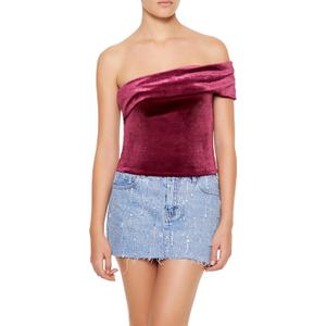 Forever 21 Womens Velvet One-Shoulder Crop Top (Small, Red)